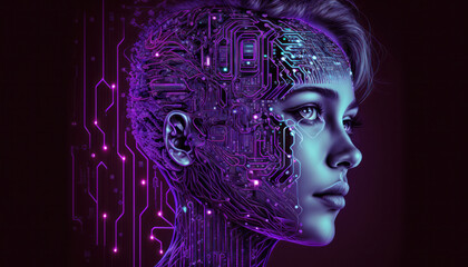 Obraz premium Purple woman's face merges with a circuit board, forming a digital brain. Neural network and artificial intelligence illustrate the concept of a futuristic mind. Generative AI