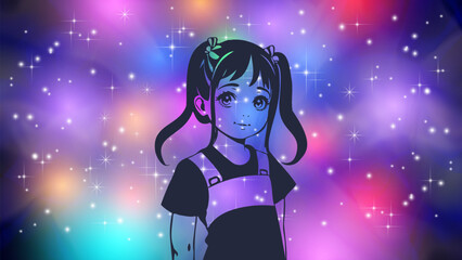 Vector graphic young beautiful teen girl with pigtails and big eyes against the background of a bright multi-colored cosmic sky. Kawaii anime angel.