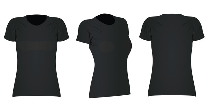 Black  women t shirt. front side and back view. vector illustration