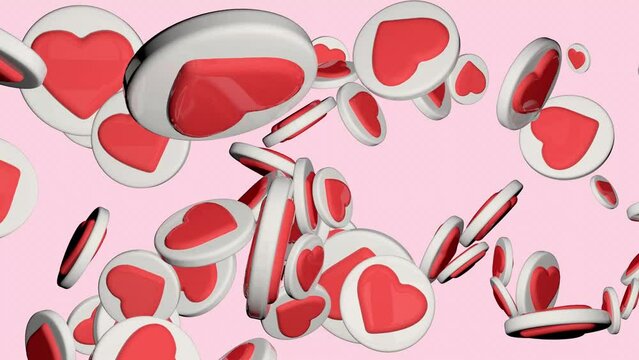 Social Media Heart balls falling and pilling up. Love 3D animation in 4K. Influencer valentine's day.