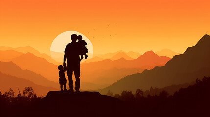 silhouette of a father and two children in the mountains watching sunrise  fathers day made with generative ai