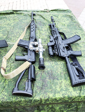 Russian Dragunov sniper rifle and Kalashnikov assault rifle AK-12