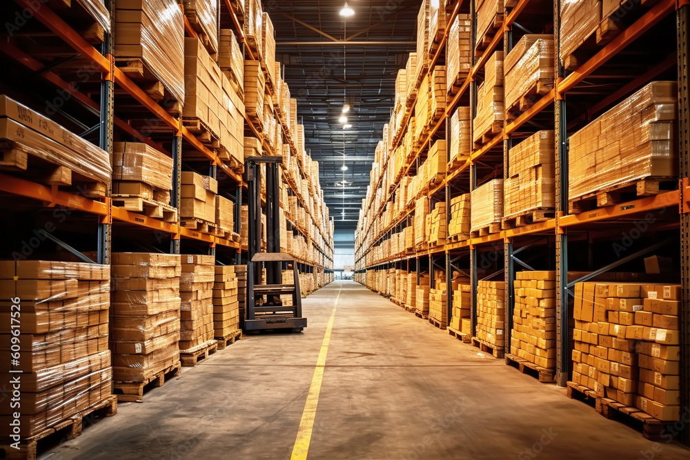 Wall mural huge distribution warehouse with high shelves and loaders. bottom view.