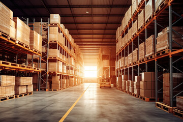 Huge distribution warehouse with high shelves and loaders. Bottom view.