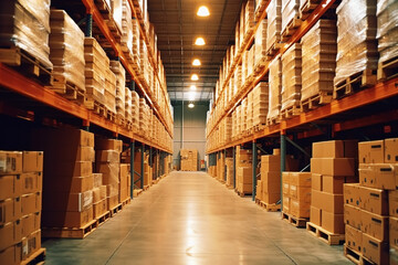 Huge distribution warehouse with high shelves and loaders. Bottom view.