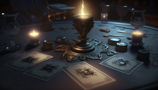 Dark gothic table adorned with tarot cards. A symbol of the esoteric and mystical, these cards offer glimpses into the hidden realms of destiny. Generative AI