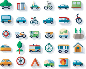 Design an icon set in a flat style transportation symbols such as a car, bicycle, airplane, train, and ship, on a white transparent background. Visually icons of movement, travel, and exploration