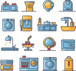 Icon set in a flat style of household items and appliances such as a lamp, vacuum cleaner, washing machine, blender, and television, on a white transparent background