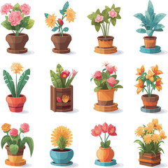 Icon set in a flat style of flower pots such as ceramic, terracotta, hanging, glass, and wooden, with various flowers inside, on a white transparent background