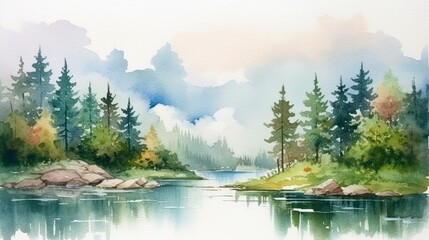 Mountains and river light watercolor landscape