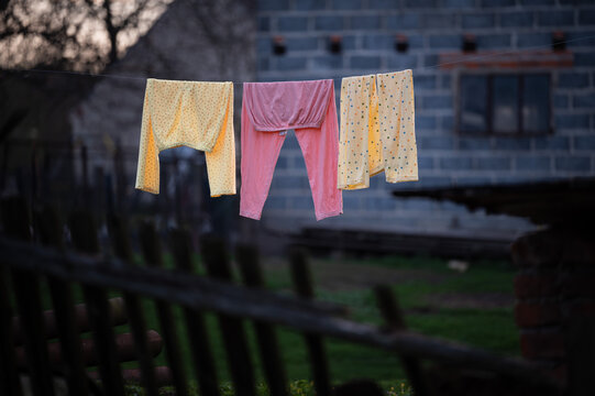 Colorful underwear drying on a clothesline outdoor