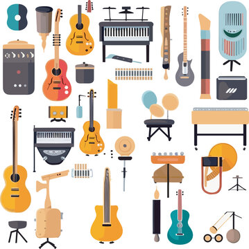 icons in a flat style of musical instruments such as a guitar, piano, drum set, microphone, and headphones, on a white transparent background. Icons of music and inspire creativity