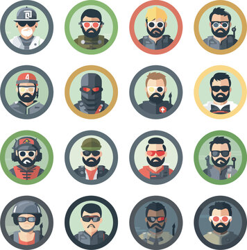 Character icons for a shooter game in a flat style different types of playable characters such as soldiers, mercenaries, snipers, commandos, and gunners, on a white transparent background