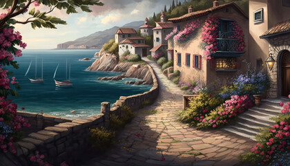 A meandering stone walkway lined with colorful flowers, winding its way through a picturesque seaside village and culminating in a breathtaking view of the ocean. Generative AI
