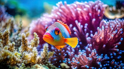 Fototapeta na wymiar close up underwater tropical fish with sea anemone, Generative Ai