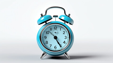 Blue alarm clock with dial on legs on white background, copy space