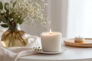 Fototapeta na wymiar A scented candle on a white table with vases on a modern minimalist background. AI generative