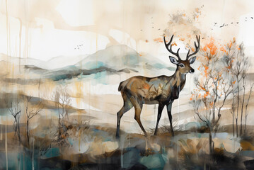 Watercolor spring landscape with royal deer