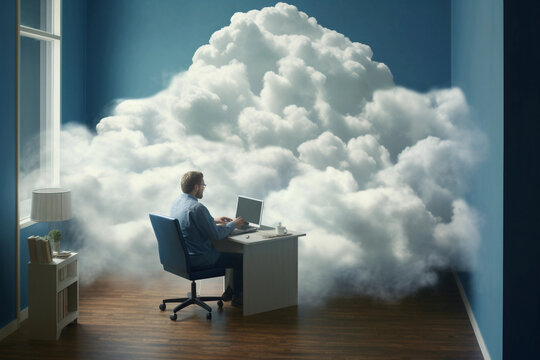 One man sitting in cloud and using computer