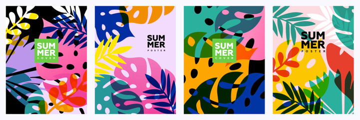 Summer bright illustrations set for poster, card, cover, label, banner in modern minimalist style with overlay effect. Modern and simple summer design templates with tropical leaves and plants