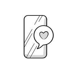 Smartphone screen with heart in speech bubble. Put likes. Favorite, love vector icon in doodle style on a white background.
