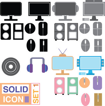 Set of computer icons. Computer monitor, monitor, keyboard and mouse. Vector illustration