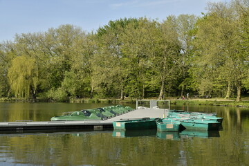 Obraz premium Ponton flottant et barques pour la promenade sur l'eau à l'étang principal du domaine provincial de Kessel-Lo à Louvain 