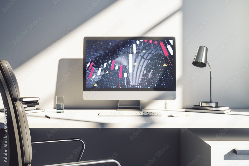 Poster modern computer display with abstract financial graph with world map, financial and trading concept.