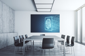 Creative fingerprint hologram on presentation tv screen in a modern meeting room, personal biometric data concept. 3D Rendering