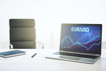 Creative EURO USD financial graph illustration on modern computer monitor, forex and currency concept. 3D Rendering