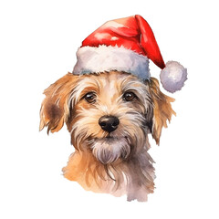 Cute Christmas dog face in red cap watercolor isolated illustration. AI generative