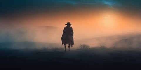 Fototapeta premium AI Generated. AI Generative. Wild west western native amrican cowboy texas lanscape adventure vibe. Fog mist morning. Graphic Art
