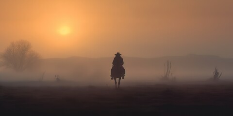 Fototapeta na wymiar AI Generated. AI Generative. Wild west western native amrican cowboy texas lanscape adventure vibe. Fog mist morning. Graphic Art