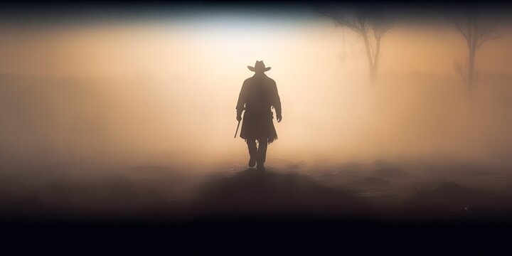 AI Generated. AI Generative. Wild west western native amrican cowboy texas lanscape adventure vibe. Fog mist morning. Graphic Art
