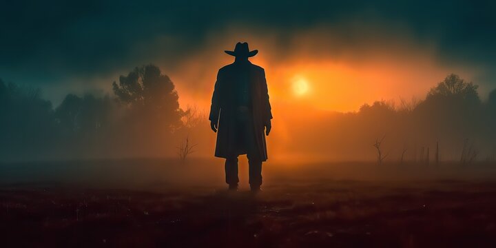 AI Generated. AI Generative. Wild west western native amrican cowboy texas lanscape adventure vibe. Fog mist morning. Graphic Art