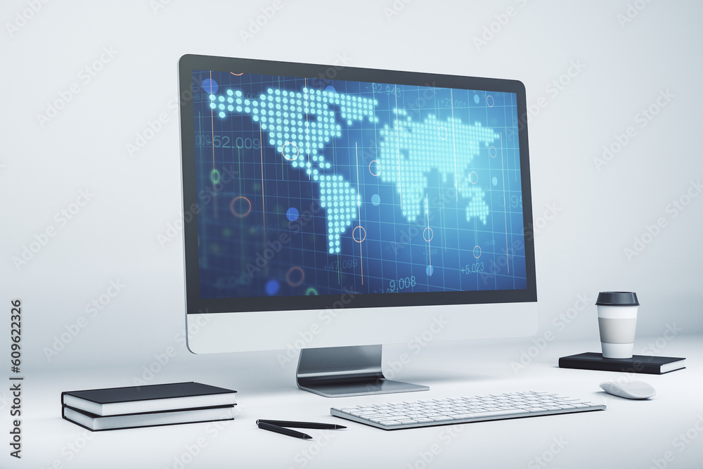 Aufkleber Abstract digital world map on modern computer monitor, big data and blockchain concept. 3D Rendering