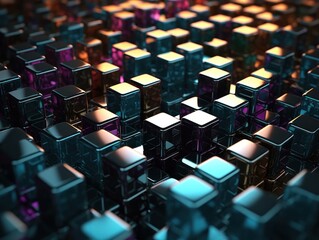 Obraz premium Futuristic metallic cubes background Abstract geometric mosaic grid Square tiles pattern Generative AI technology