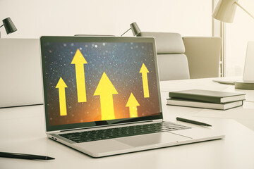 Creative concept of upward arrows illustration on modern laptop screen. Breakthrough and progress concept. 3D Rendering