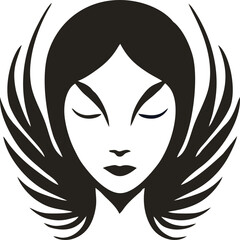 Elegant woman face with ornaments sticck out like wings silhouette fashion logo for beauty salon vector flat illustration. Romantic female head abstract icon minimal sketch 