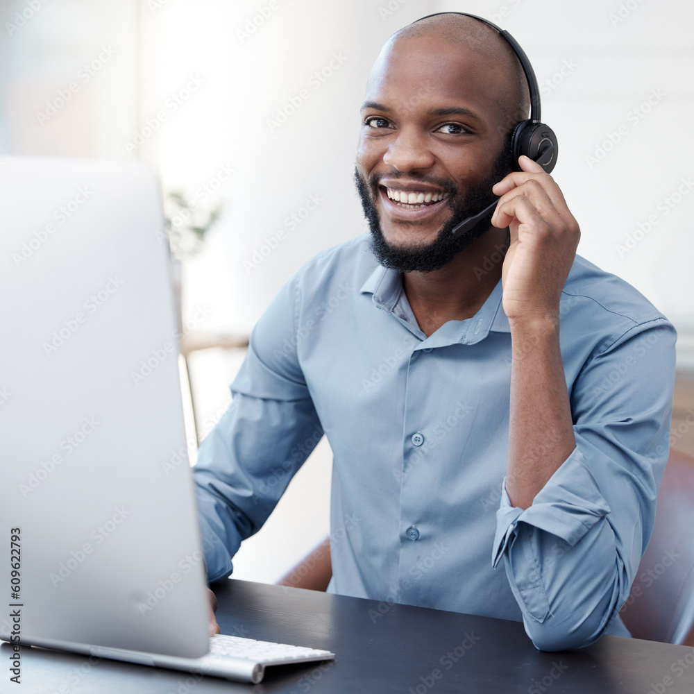 Poster black man, callcenter with phone call and computer, communication with headset and contact us in off