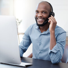 Black man, callcenter with phone call and computer, communication with headset and contact us in office. Male consultant in portrait, customer service and tech support with help desk worker and smile