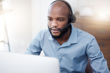 Black man, call center employee and CRM with contact us, communication and computer, headset with...