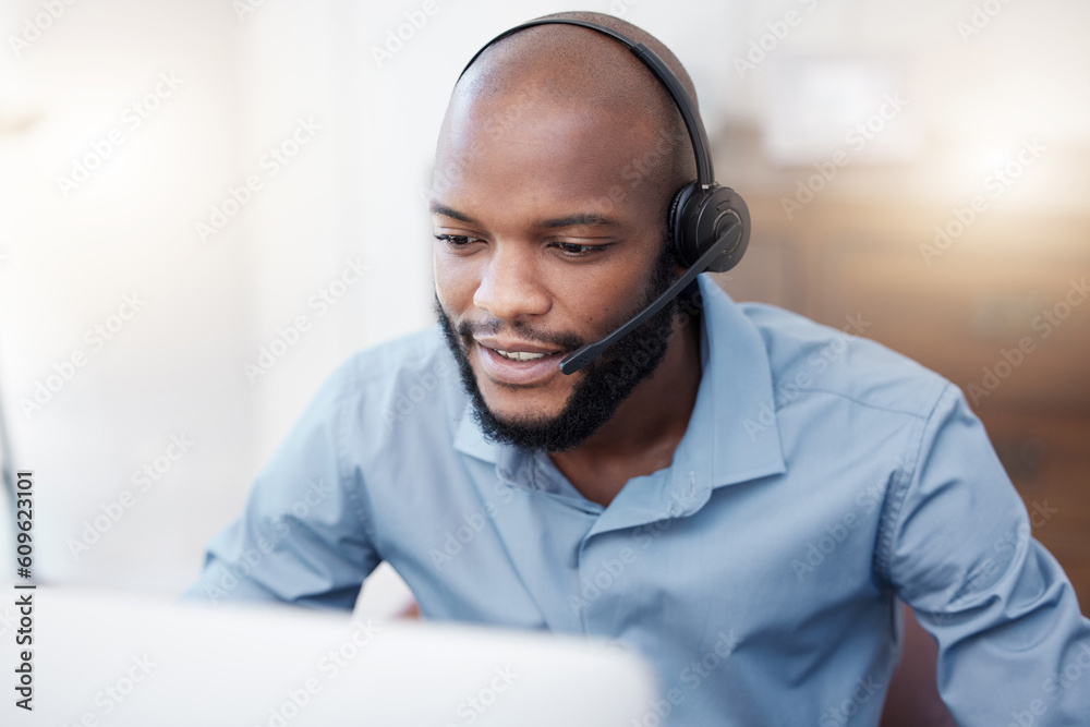 Poster black man, call center worker and crm with contact us, communication and computer, headset with mic 
