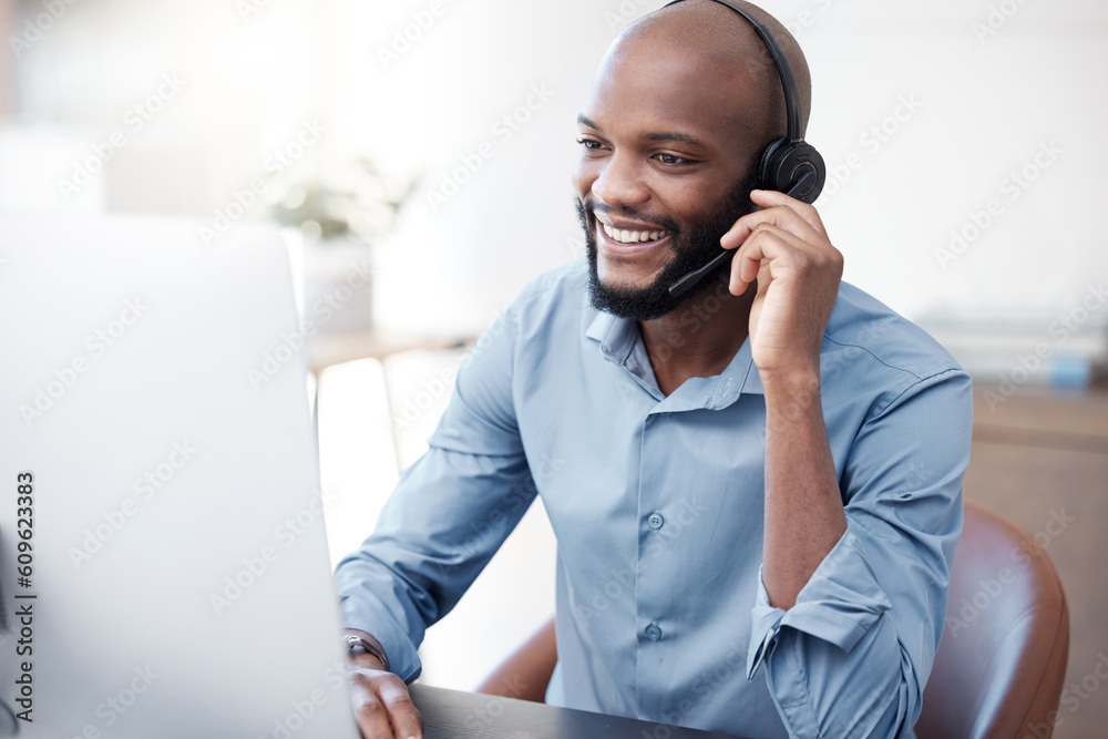 Aufkleber black man, happy and agent working in call center on computer in the office, business in telemarketi