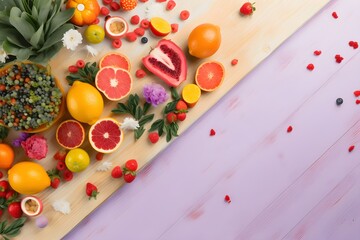 Naklejka na ściany i meble : A Colorful Assortment of Juicy Delights on a Pink and Cream Wooden Background.