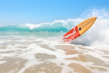 "Single Surfboard Floating on the Calm Waves of a Tropical Beach