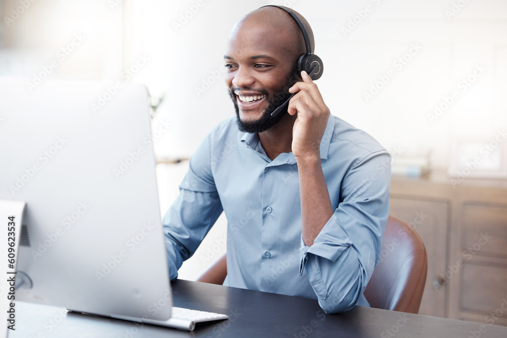 Poster black man, callcenter with phone call and computer, contact us with communication, headset and techn