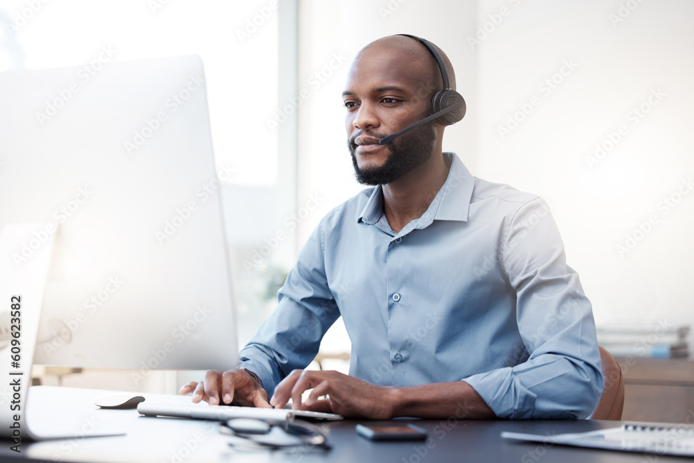 Poster black man typing at computer, call center and contact us, communication and concentrate with headset
