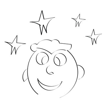 line sketch of a cross-eyed child with  bumps on head and surrounded by stars