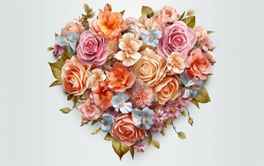 heart shaped rose bouquet, A heart vignette composed of vintage flowers and leaves of roses exudes romance.   Generative AI